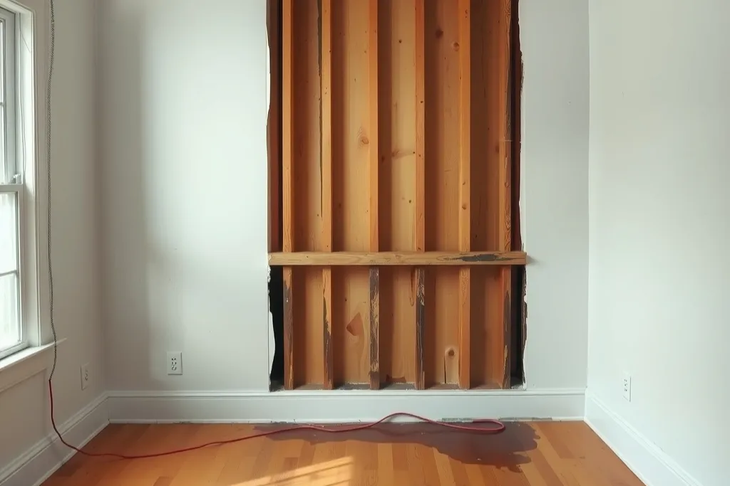 A wall opened along a straight line to expose damp studs in an older Atlanta living room.