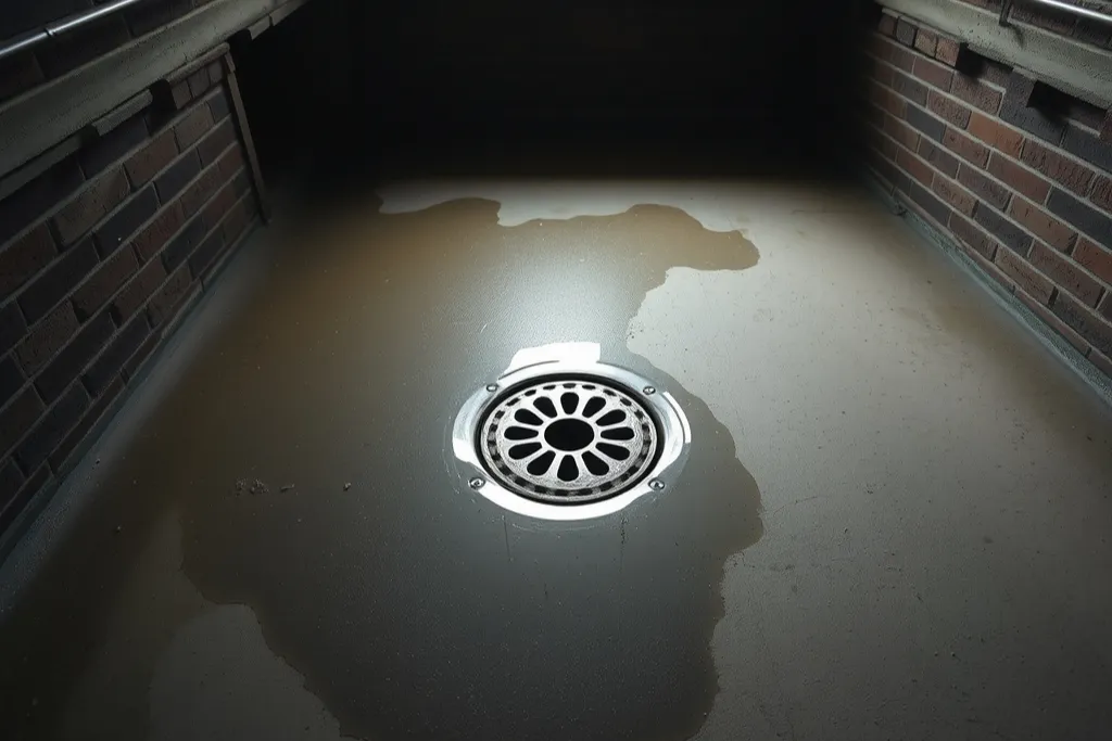 Murky water welling up around a cast-iron floor drain in an old basement slab.